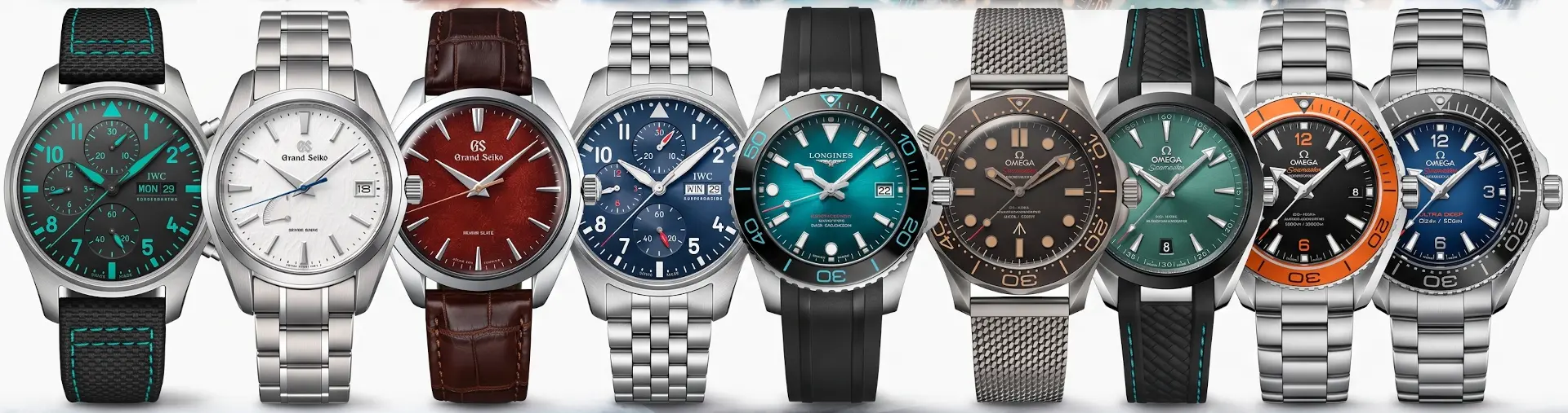 A row of luxury watches including IWC, Grand Seiko, Longines and Omega