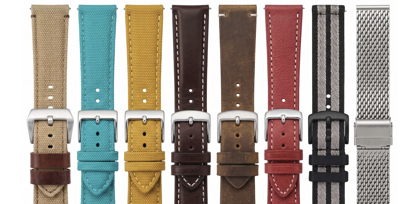 A row of watch straps in canvas, leather, NATO nylon and steel mesh