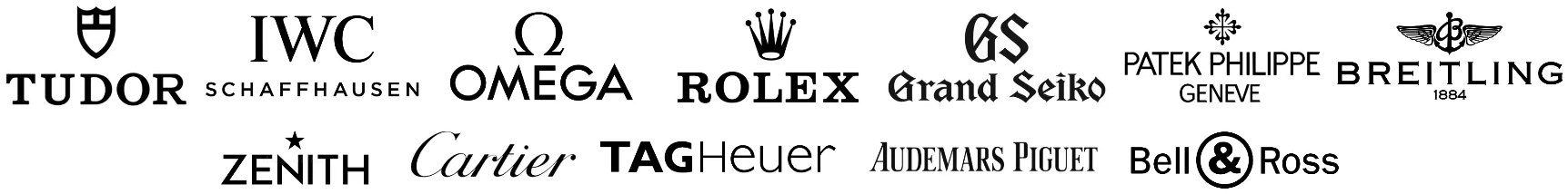 Tudor, IWC, Omega, Rolex, Grand Seiko, Patek Philippe, Breitling, Zenith, Cartier, TAG Heuer, Audemars Piguet and Bell & Ross logos
