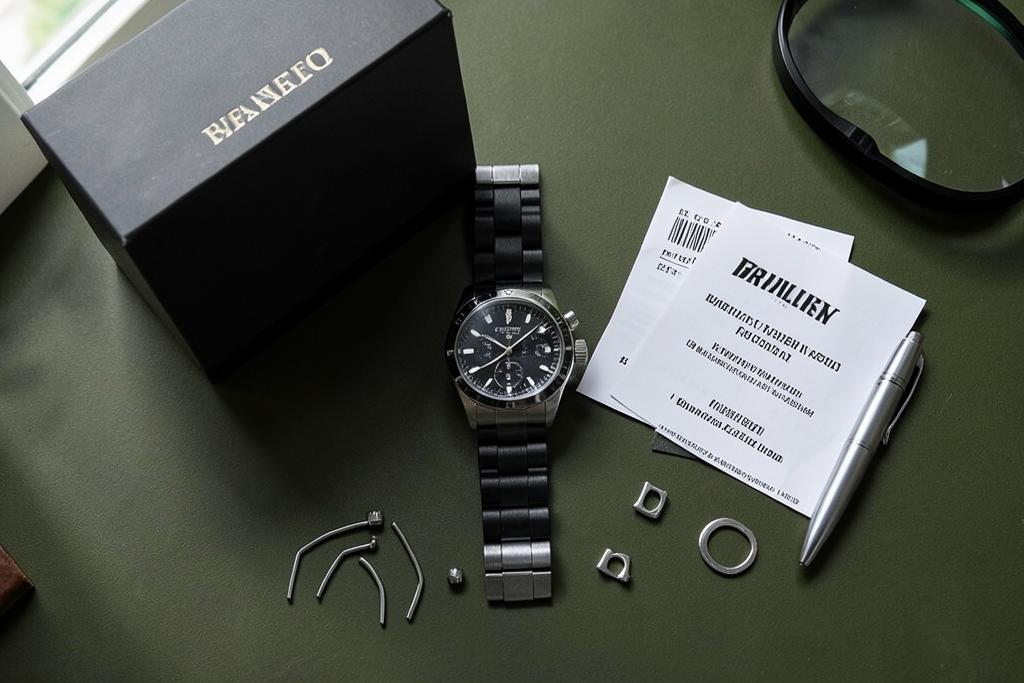 Watch with its box, warranty papers and spare links laid out on a desk