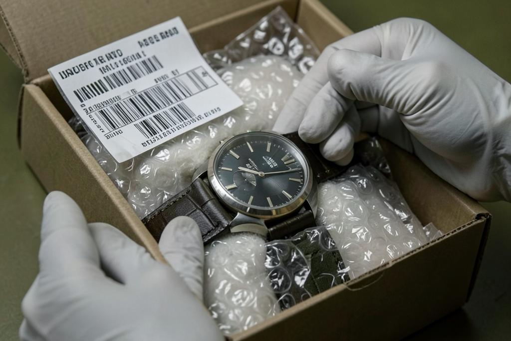 A watch being packed into an insured, tracked shipping box